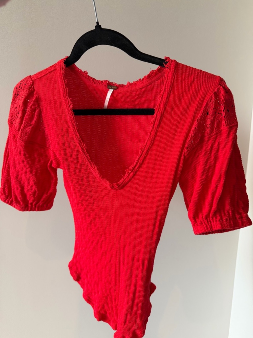 Free People Red Ribbed V-Neck Puff Sleeve Top